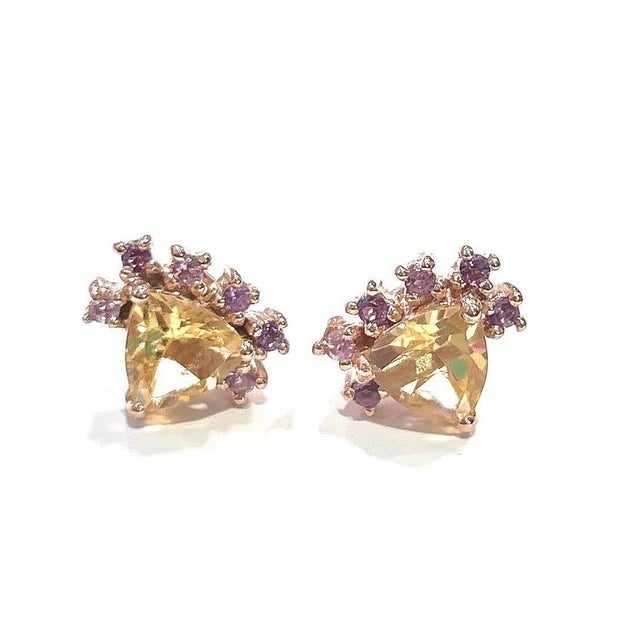 Bochic “Orient” Lemon Topaz Trillions & Amethyst Earrings Set 18K Gold & Silver For Sale - Image 11 of 12