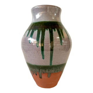 Vintage Green Drippy Terra Cotta Studio Pottery Vase For Sale
