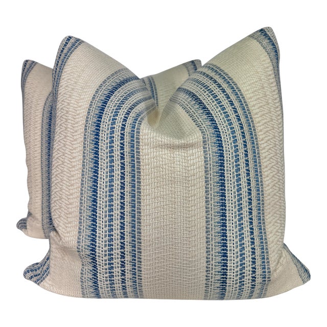 Schumacher "Bendita Stripe" in Blue Indoor/Outdoor 22" Pillows-a Pair For Sale