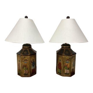 Pair of 21st Century Vaughan Designs England Hand Painted Tea Caddy Lamps For Sale