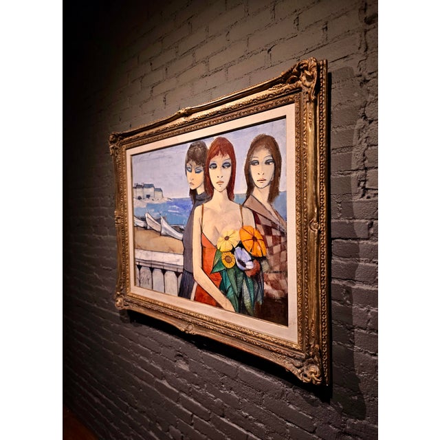 Charles Levier "Three Parisian Women by the Beach"1960s Oil Painting For Sale - Image 13 of 14