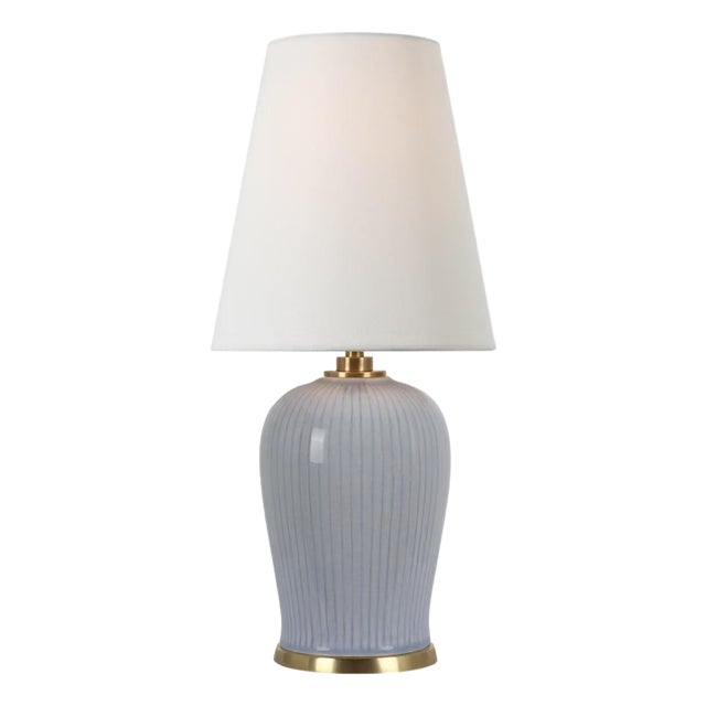 Thomas O'Brien by Visual Comfort Signature Opera 16" Table Lamp in Polar Blue Crackle with Linen Shade For Sale