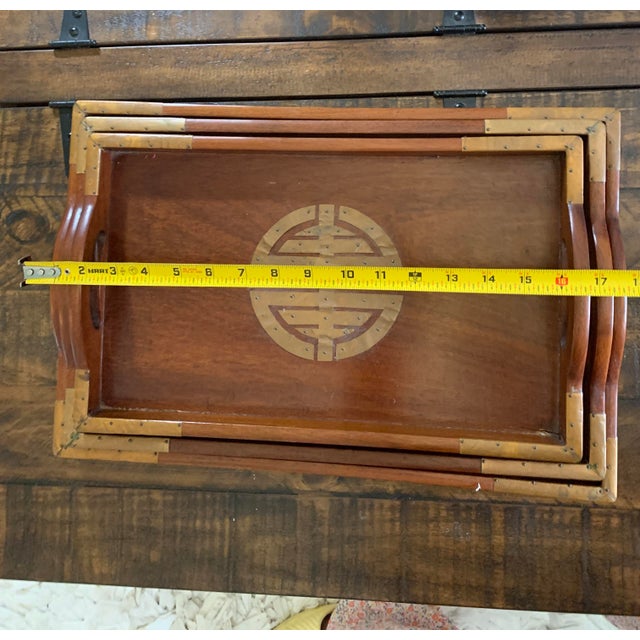 Vintage Asian Rosewood Serving Tray With Brass 3 Pieces Mid Century For Sale - Image 9 of 12