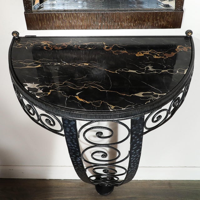 Art Deco Demilune Wrought Iron Spiral Motif & Porto Marble Inset Console Table For Sale - Image 4 of 13