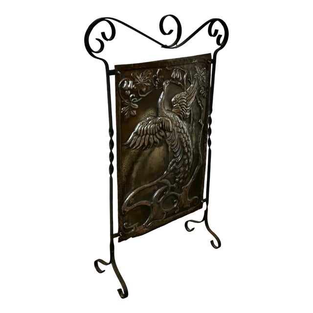 Arts and Crafts Peacock Polished Iron Fire Screen For Sale