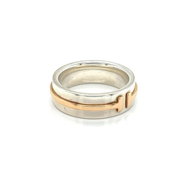 Tiffany and Co. Tiffany & Co. T 2 Sterling Silver 18k Rose Gold Narrow Band Ring Size 4.5 For Sale - Image 4 of 6