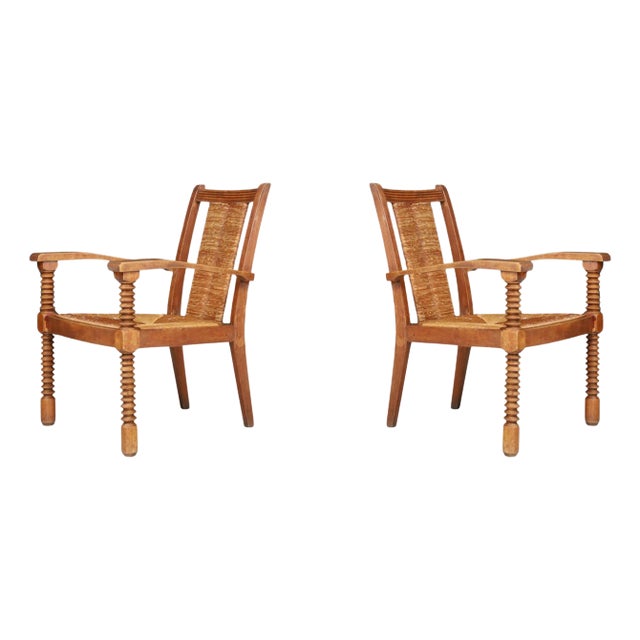 Oak and Rush Armchairs by Charles Dudouyt, France, 1940s, Set of 2 For Sale