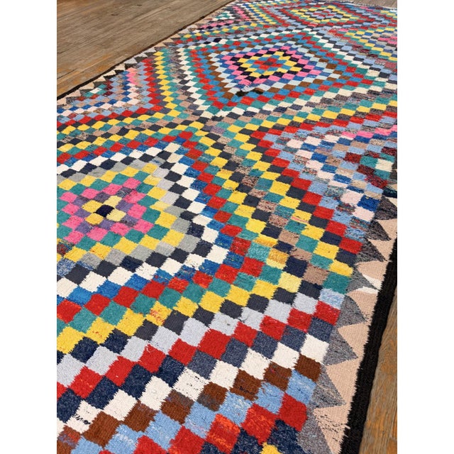 1930s Antique Multicolor Diamond Turkish Village Kilim Runner Flatweave Wool Rug For Sale - Image 4 of 5
