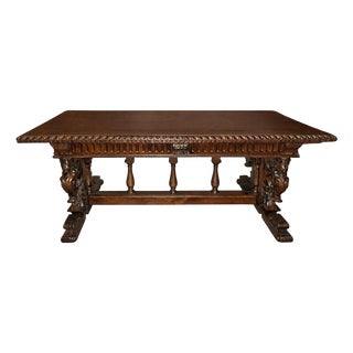 Renaissance Revival Carved Walnut Trestle Continental Table. Italy, Late 19th C. For Sale