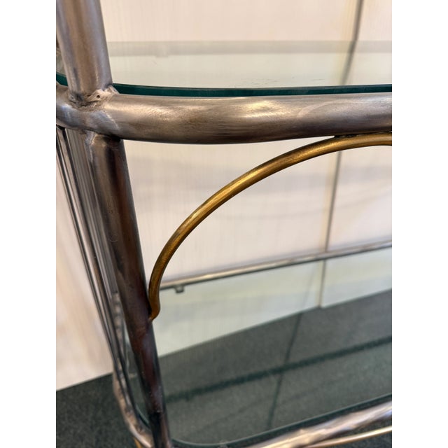 Late 20th Century Baker's Rack Art Deco Brushed Steel + Brass For Sale - Image 5 of 12