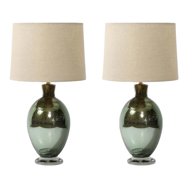 Modernist Hand-Blown Murano Smoked Emerald Glass Table Lamps W/ 24k Gold Flecks For Sale