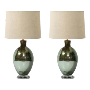 Modernist Hand-Blown Murano Smoked Emerald Glass Table Lamps W/ 24k Gold Flecks