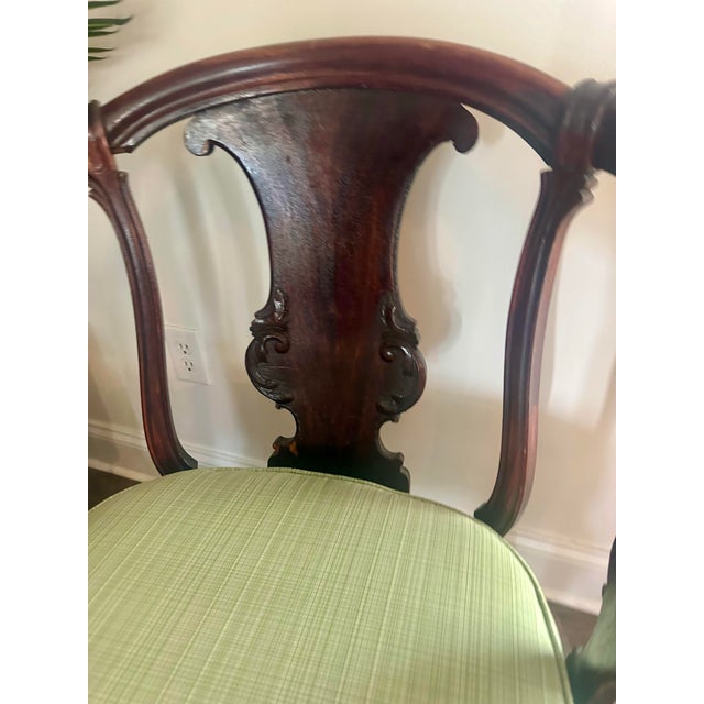 Vintage Queen Anne Mahogany Armchair With Sage Green Upholstery For Sale - Image 4 of 7