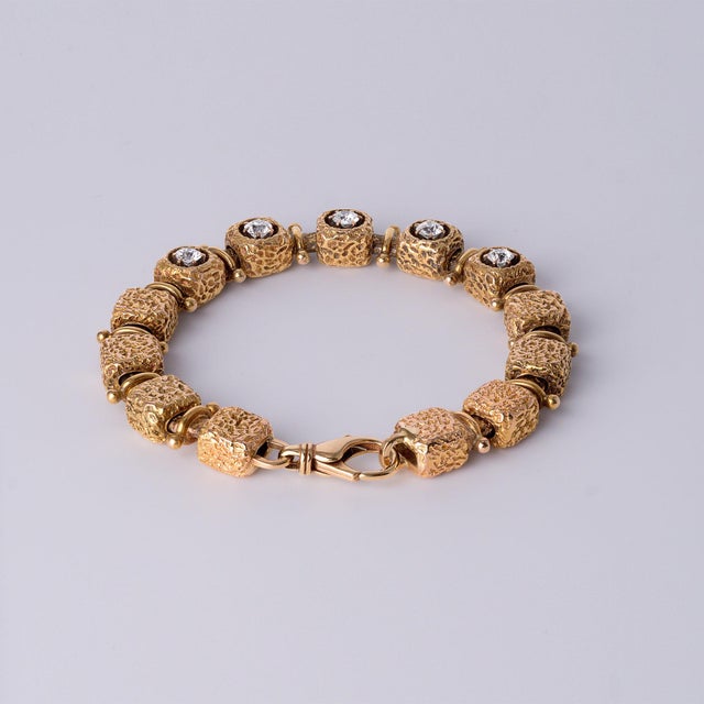 Vintage 14k Gold 1.50 Carats Tw Old European Cut Diamond Cube Link Bracelet For Sale - Image 4 of 8