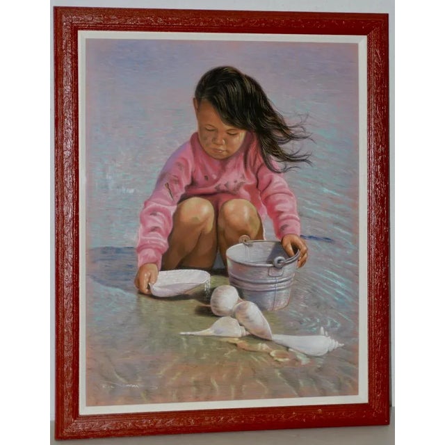 Pink Collecting Seashells on the Seashore Original Pastel Painting For Sale - Image 8 of 8