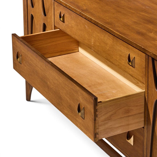 Wood Broyhill Brasilia Mid Century Walnut and Brass 66 Inch Credenza For Sale - Image 7 of 9