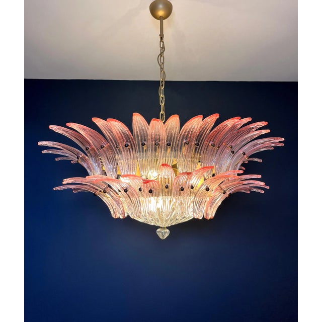 Mid-Century Modern Murano Style Chandelier Ceiling Light Original Palmette, Two Levels, 82 Pink Glasses For Sale - Image 3 of 5