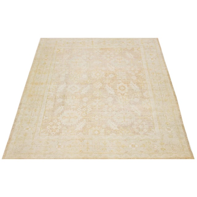 Turkish 2020s Turkish Antique Style Oushak Wool Rug Beige Handmade With Allover Motif For Sale - Image 3 of 7