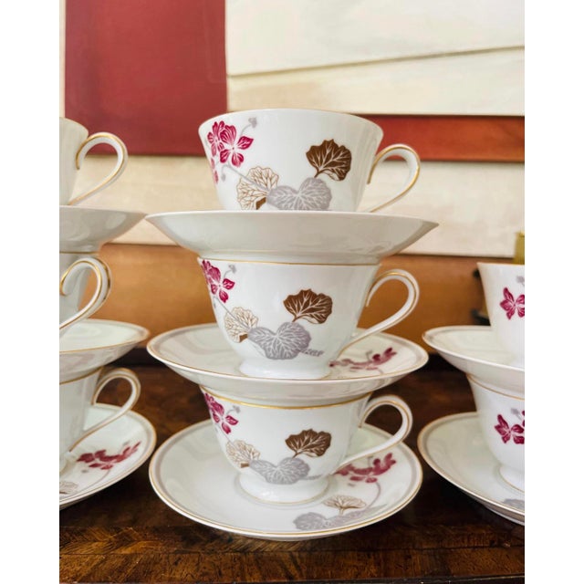 Asian Vintage Noritake Geranium Burgundy and Gray Teacups and Saucers - Set of Nine (9) For Sale - Image 3 of 9