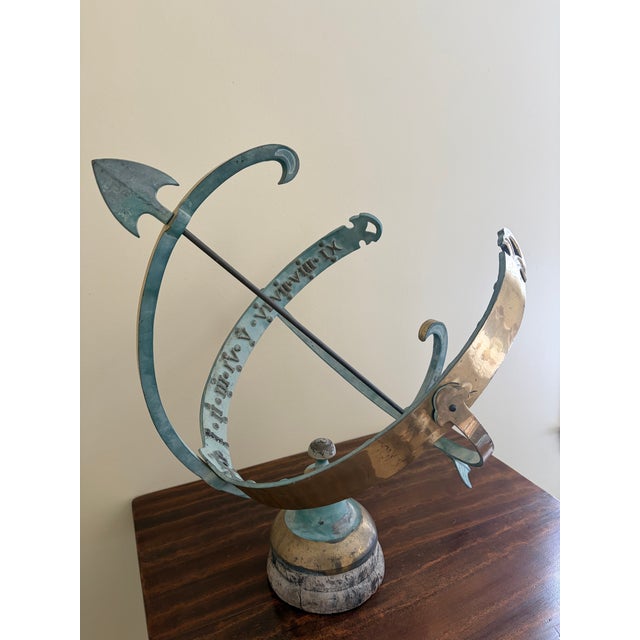 French Country Vintage English Country Brass and Iron Verdigris Garden Armillary Sundial For Sale - Image 3 of 13