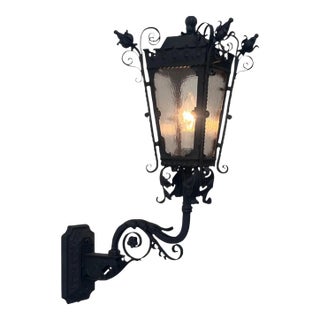 1920s Spanish Revival Wrought Iron Exterior Lantern Sconce For Sale