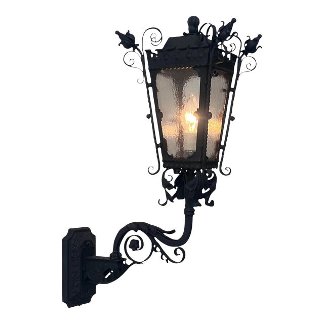 1920s Spanish Revival Wrought Iron Exterior Lantern Sconce For Sale