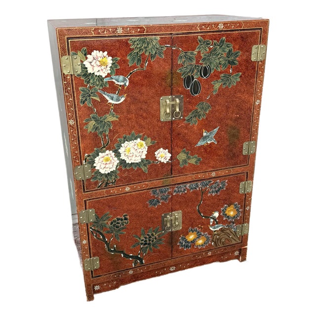 Vintage Chinese Red Hand Painted Armoire/Caninet For Sale