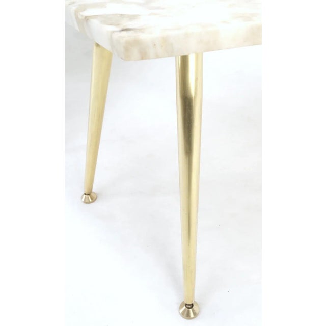 Pair of Asymmetrical Wedge Two Tier Marble Top Tapered Brass Legs Side End Table For Sale - Image 11 of 13