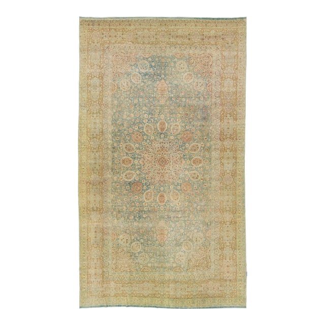 Blue Persian Antique Kerman Handmade Wool Rug With Rosette Design For Sale