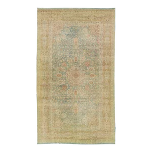 Blue Persian Antique Kerman Handmade Wool Rug With Rosette Design
