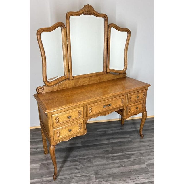 Vintage French Louis Style Oak Dressing Table with Mirror For Sale - Image 17 of 17
