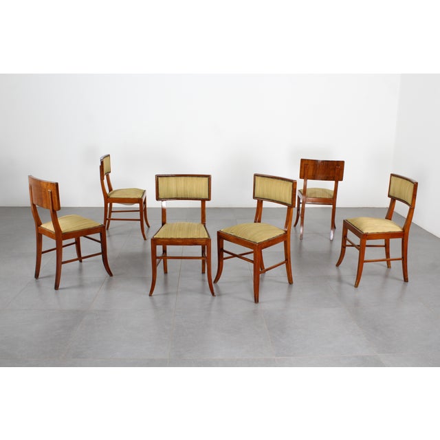 Mid-Century Italian Wood and Yellow Fabric Chairs, 1960s, Set of 6 For Sale - Image 3 of 16