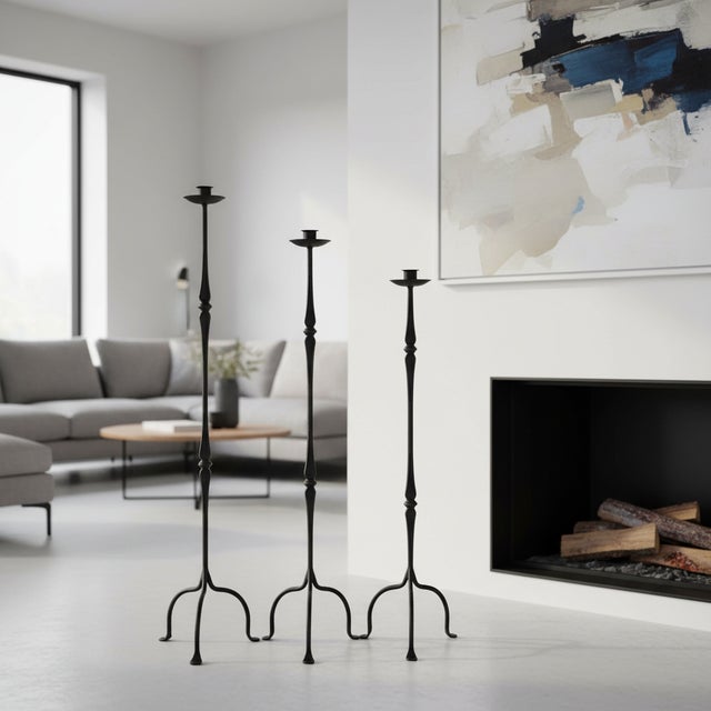 Rustic Hand Forged Iron Candelabra Set of 3 (97-117cm) Antique Copper Finish Classic Spindle Node Floor Set For Sale - Image 3 of 6