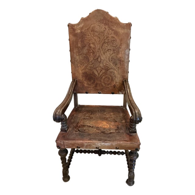 1950s Spanish Revival Tooled Leather Armchair With Barley Twist Legs For Sale