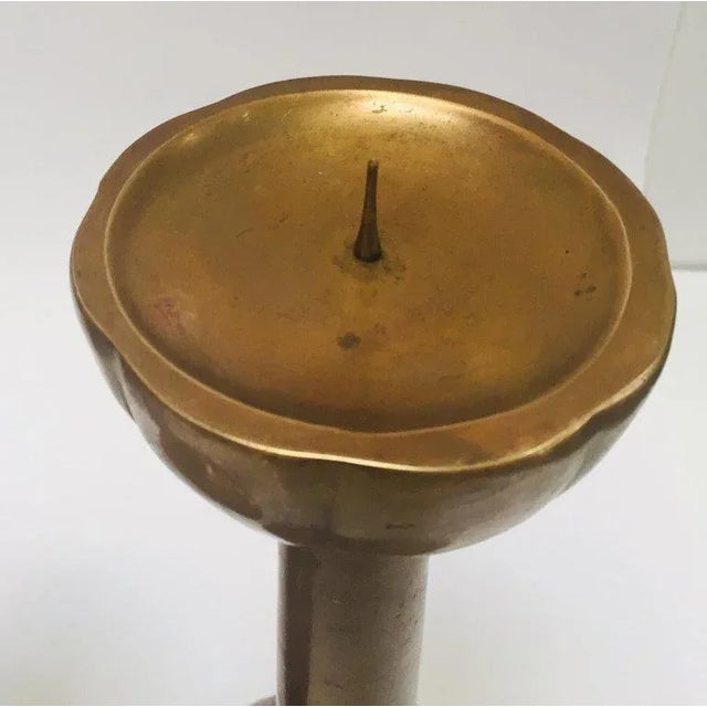 Metal Large Brass Japanese Candlesticks on a Round Scalloped Base and Top For Sale - Image 7 of 13