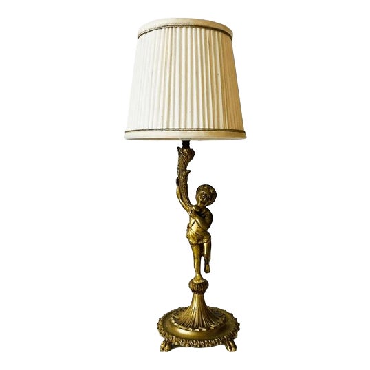 Vintage Hollywood Regency Cherub Table Lamp with Pleated Shade, 1960s For Sale