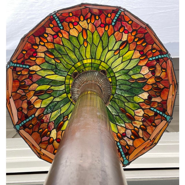 Copper Early 20th Century Copper Floor Lamp With Tiffany-Style Dragonfly Stained Glass Shade For Sale - Image 8 of 12