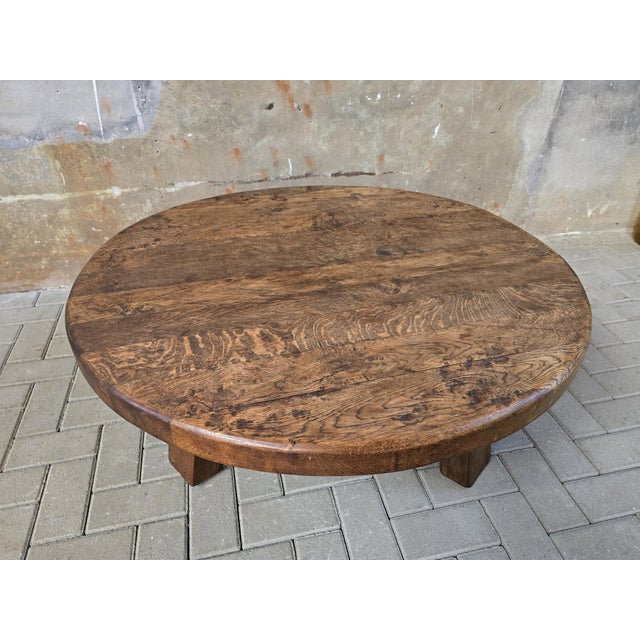 Brown Large Mid-Century Round Oak Coffee Table, 1970s For Sale - Image 8 of 16