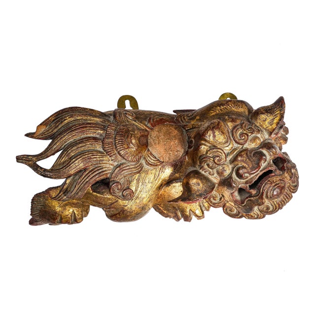 Hand Carved Antique Chinese Guardian Lion Wall Plaque Gilt Foo Dog Sculpture Asian Home Decor For Sale