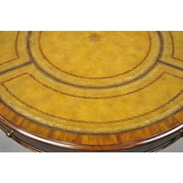 Wood Maitland Smith French Empire Regency Leather Top Brass Feet Center Drum Table For Sale - Image 7 of 12