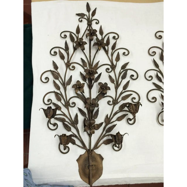 Early 20th Century Hand Wrought Iron Floral Wall Sconces - A Pair For Sale - Image 5 of 11