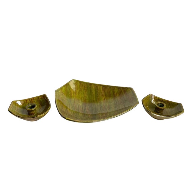 Mid Century 1960s Centerpiece Bowl And Candle Holders Avocado Glaze Ceramic Set Of 3 A fun retro set includes a bowl and...