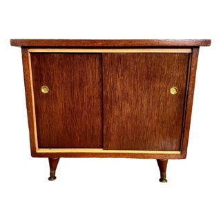 1950s Mid-Century Record Cabinet With Sliding Doors and Brass Pulls For Sale