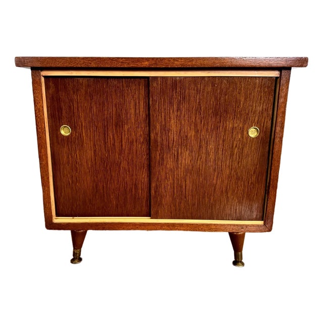 1950s Mid-Century Record Cabinet With Sliding Doors and Brass Pulls For Sale