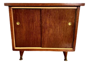 1950s Mid-Century Record Cabinet With Sliding Doors and Brass Pulls