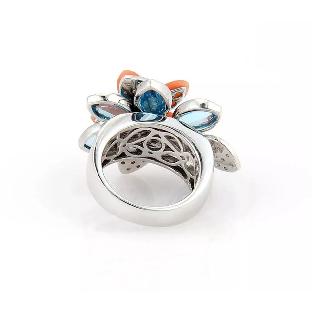 Diamond Coral & Topaz Movable Floral 18k White Gold Ring, Size 6 For Sale - Image 4 of 7