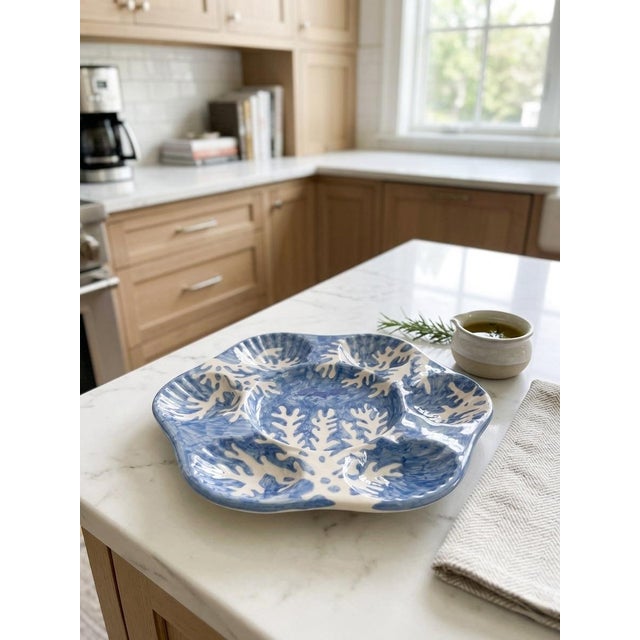 Italian Les Ottomans Hand-Painted Blue Coral Oyster Plate For Sale In West Palm - Image 6 of 7