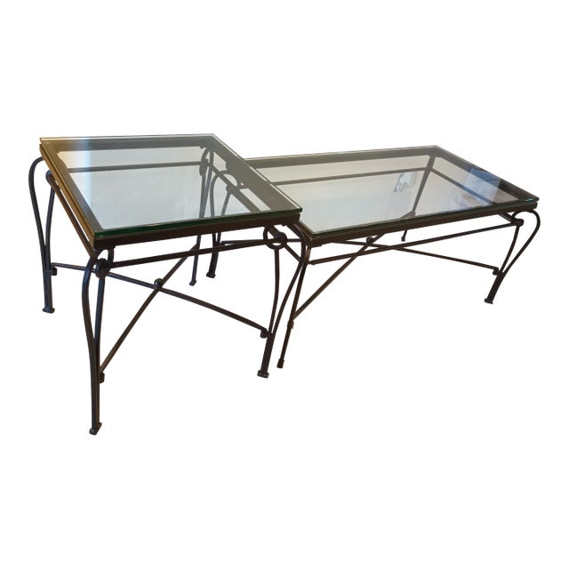 Vintage Mid Century Modern Hand Forged Wrought Iron Brutalist Coffee Table and End Table 1970 - Set of 2 For Sale