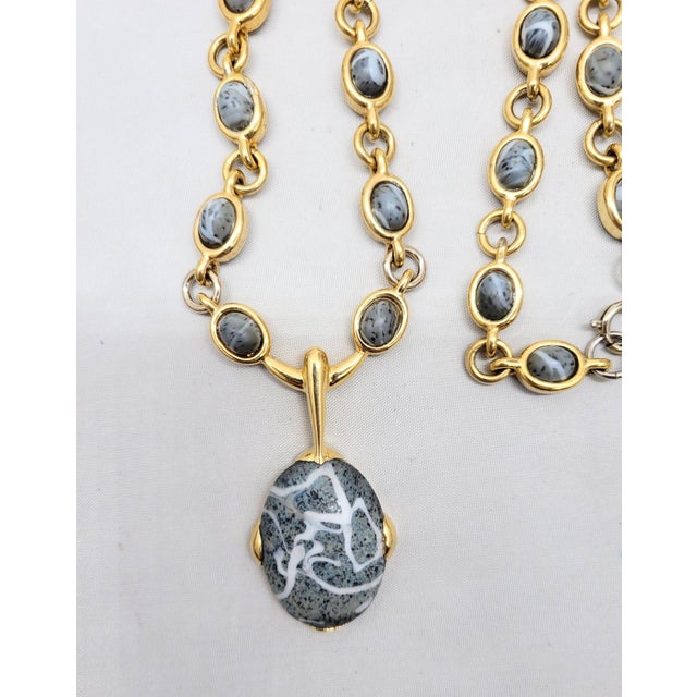 Gray Vintage 1960s Signed Jomaz Goldtone Grey & White Cabochon Necklace For Sale - Image 8 of 12