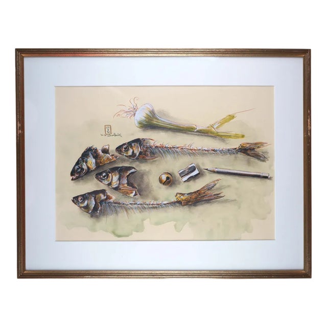 Manfred K. Schwitteck, Still Life with Fish Bones, Pencil and Pencil Sharpener, 1992, Watercolor & Pencil, Framed For Sale